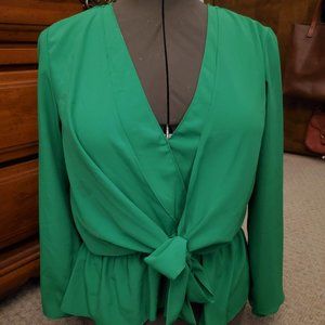 Topshop Green Tie-Front Flared Sleeve Blouse